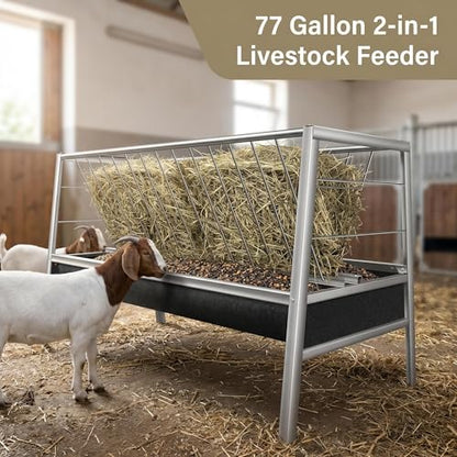 30 Gallon Large Livestock Feeding Trough, 59-Inch Heavy Duty Galvanized Steel Hay Feeder for 15+ Goats, Rust-Proof Metal Sheep Feeder for Pigs, Horses, and Cattle, Ideal for Farm & Ranch