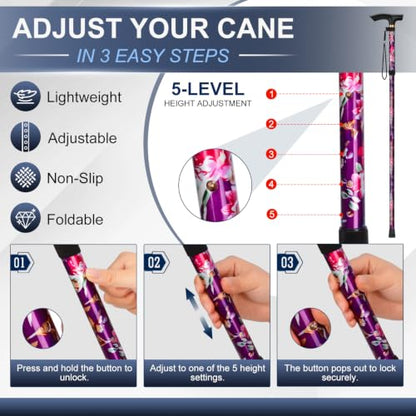 supregear Folding Cane, 5-Level Adjustable Height Walking Stick Lightweight Collapsible Portable Travel Cane with Wrist Strap and T Handle for Elderly Disabled Men Women - color: Purple Floral