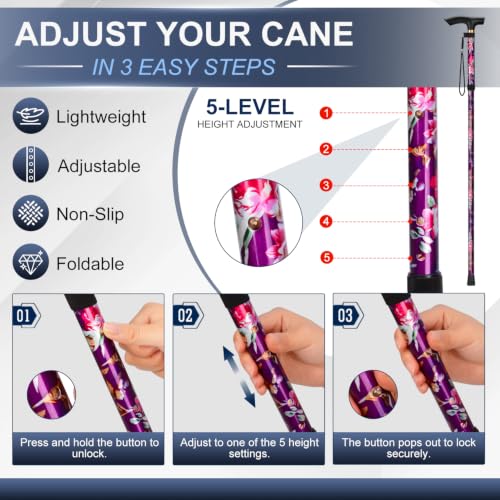 supregear Folding Cane, 5-Level Adjustable Height Walking Stick Lightweight Collapsible Portable Travel Cane with Wrist Strap and T Handle for Elderly Disabled Men Women - color: Purple Floral