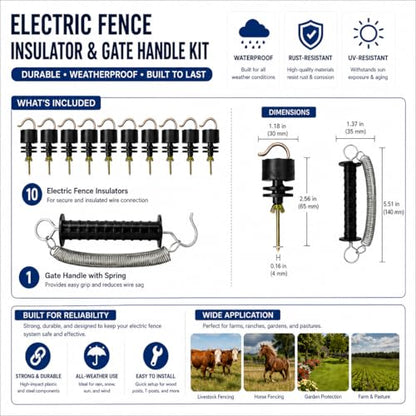 Heavy Duty PP Electric Fence Spring Gate Kit with Handles | With 10-Pack Insulators for Farm, Ranch, Garden, Toolless Strain Insulator Kit For Chain Link, Metal T-Post Farm Fence