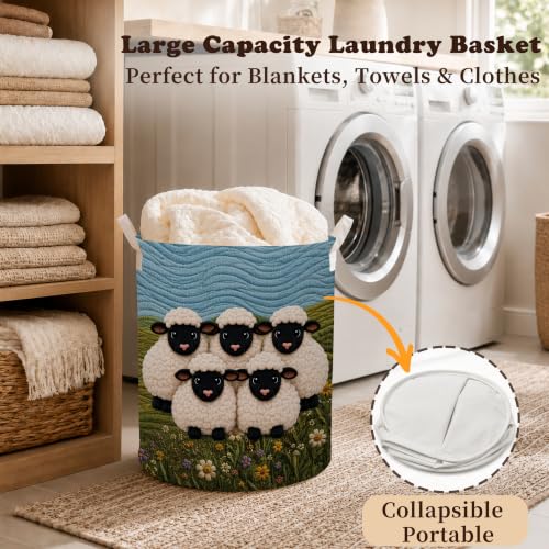 Wildflower Floral Sheep Laundry Basket, Farmhouse Farm Animal Lamb Laundry Hamper Waterproof Collapsible Clothes Storage Bin Organizer for Baby Room Bedroom Bathroom Farmhouse