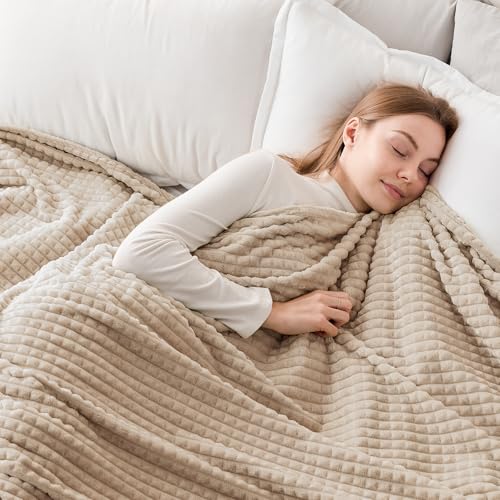 EMME Fleece Blanket Queen Size Luxury Flannel for Couch Bed Sofa Chair, Soft, Plush, Warm and Cozy Blanket with 3D Geometric Grid Design (Beige, 80'' x 90'') - color: 01-grid-beige, size: Queen