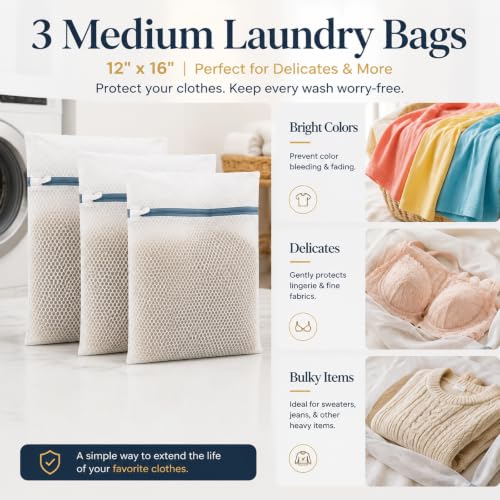 Lingerie Bags for Washing Delicates 3Pcs, Laundry Wash Bag, Honeycomb Mesh Laundry Bag 12x16 Inch Medium