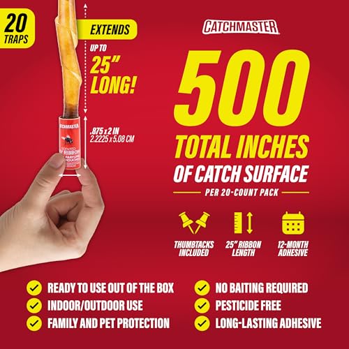 Catchmaster Fly Ribbon 20-Pack, Bug & Fly Traps Outdoor and Indoor, Premium Adhesive Sticky Strips & Gnat Hanging Strips, Bulk Flying Insect Paper Rolls, Pesticide-Free Home Pest Control - style: 20 Pack