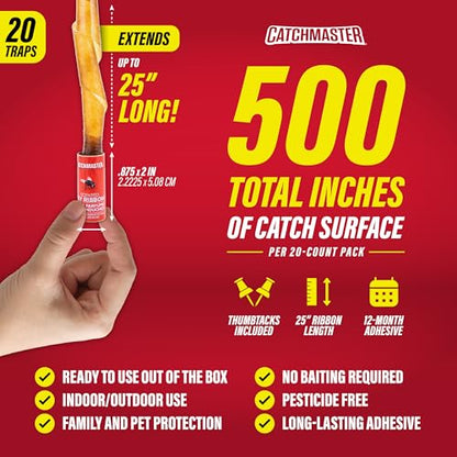 Catchmaster Fly Ribbon 20-Pack, Bug & Fly Traps Outdoor and Indoor, Premium Adhesive Sticky Strips & Gnat Hanging Strips, Bulk Flying Insect Paper Rolls, Pesticide-Free Home Pest Control - style: 20 Pack