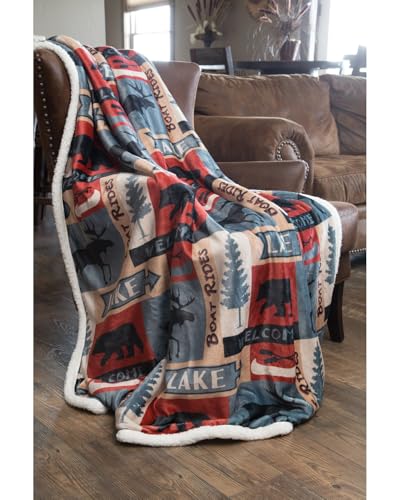 Carstens, Inc. Lake House Rustic Cabin Sherpa Fleece Large Throw Blanket, 54" x 68", Blue - color: Blue