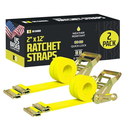 DC Cargo Mall E Track Ratchet Straps Cargo Tie-Downs, (Pack of 2) 2 x 12 Heavy Duty Yellow Tie-Down Rachet Straps, Strong Ratchet Strap, E Track Spring Fittings, Tie Down Motorcycle - size: 2 - Pack
