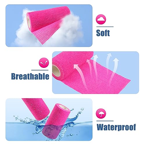 Vet Wrap - Self Adhesive Bandage Wrap Cohesive 4 Inch 5 Yards,Self Adherent Athletic Bandages for Horse Dogs Cat Pet Animals Hot Pink 6 Rolls