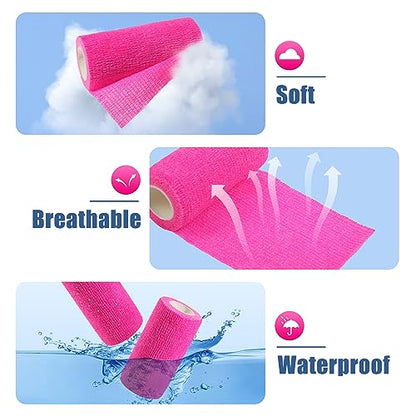 Vet Wrap - Self Adhesive Bandage Wrap Cohesive 4 Inch 5 Yards,Self Adherent Athletic Bandages for Horse Dogs Cat Pet Animals Hot Pink 6 Rolls