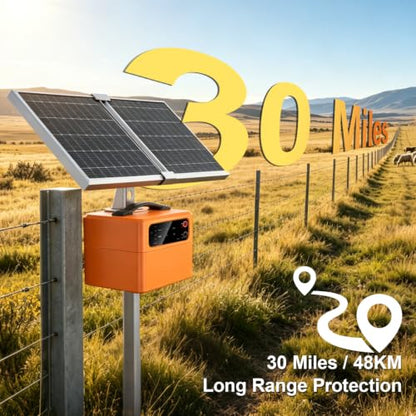 30 Miles Solar Electric Fence Charger, 15W Solar Powered Electric Fence Kit with 6–12KV & 0.3–1.5J Adjustable Output, Battery Level LCD Display, All-Weather for Livestock, Farm, Garden