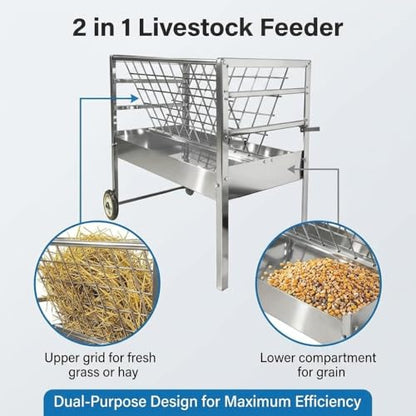 Heavy Duty 2-in-1 Goat Feeder, Hay and Grain Livestock Feed Trough with Wheels, Mobile Feeding Station for Goats Sheep in Pasture or Barn