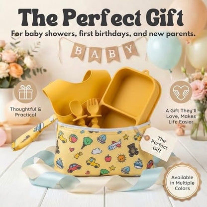 Baby Travel Feeding Set with Silicone Suction Plates, Yellow Small - color: Yellow