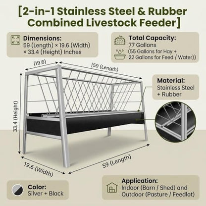 77 Gallon Hay Feeder, 2-in-1 Livestock Feeder, Pasture Feeder Black Capacity Livestock Feeder with Deeper Feeding Pan, Anti-Waste Goat Feeder with Rubber Trough LivestockFeeder