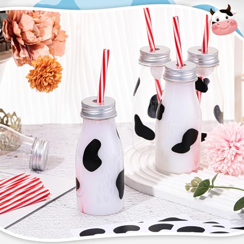 SiliFine 24 Set 7 oz Mini Milk Bottles with Straws Lids, Cow Print Stickers