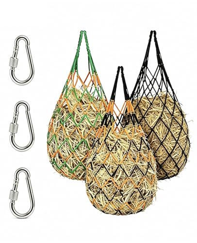 3 PCS Hay Bags for Horses with Carabiners - Heavy Duty Slow Feeder Hay Nets, 2.3-Inch Hole for Horses & Goats, Reduces Waste, Stall Trailer Pasture