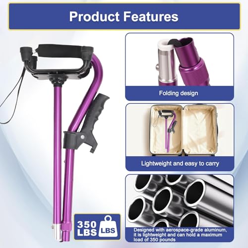 Stand Secure Cane with Stand Up Assist Handle for Elderly, 4 Prong Adjustable Walking Canes for Seniors Women and Men, Non-Slip Wide Base, Aluminum Foldable Stand Cane - color: Purple