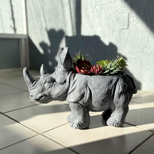 Zeckos Rhino Animal Planter, 18.5 Inch Wide Grey Textured Finish | Magnesium Oxide, 13 Inch Tall, Indoor or Outdoor Display, Drain Holes, 4 X 7.5 Inch Opening, 7.5 Inch Deep - color: Rhino - Grey
