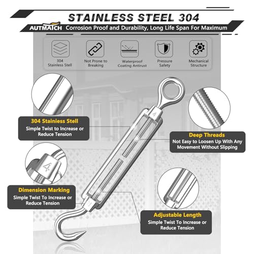 AUTMATCH M4 Hook & Eye Turnbuckle - 304 Stainless Steel Wire Rope Tensioner | Adjustable Turnbuckle for Cable Railing, Fence & Shade Sail Hardware, Wire Rope Tension Kit, 6-Pack, Silver - color: Silver Tone - Hook & Eye, size: M4