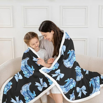 Erosebridal Blue Bow Fleece Blanket Cute Bows Sherpa Blanket 40"X60" Western Cowboy Boots Fuzzy Plush Throw for Kids Boyd Girls Teens Cowgirl Polka Bowknot Throw Blankets - color: Black Blue, size: 40"x50"