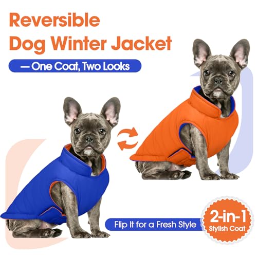 QBLEEV Reversible Dog Jacket, Windproof Dog Coat, Lightweight Puffer Vest - color: Orange-Navy, size: Large