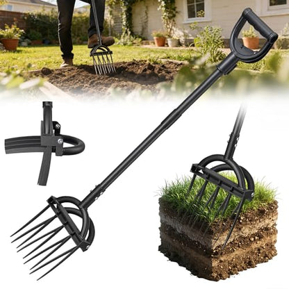 Broad Fork Garden Tool, Heavy Duty 5+4 Sharp Tines BroadFork Hand Tiller Garden Pitchfork with Ergonomic Handles for Spading Digging Fork Gardening Cultivating Composting and Loosening