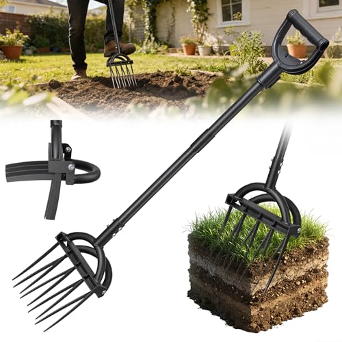 Broad Fork Garden Tool, Heavy Duty 5+4 Sharp Tines BroadFork Hand Tiller Garden Pitchfork with Ergonomic Handles for Spading Digging Fork Gardening Cultivating Composting and Loosening