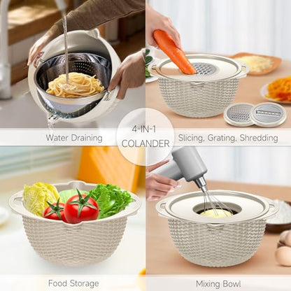 4-1 Colander with Bowl & Spoons Set - Rotatable Colander for kitchen with New Upgraded Graters, Food Strainer(Patented) for Pasta, Fruits, Vegetables, Funny Presents for Women, Beige - color: Beige