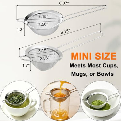 Small Fine Mesh Strainer Set, Stainless Steel Mini Sieve, Bar Strainer for Cocktail, Juice, Coffee, Tea Strainer for Loose Leaf Tea, Mini Sifter for Matcha, Flour, 2 PCS