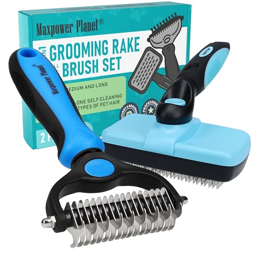 Maxpower Planet Dog Rake and Brush Set for Shedding, Undercoat & Mats | Deshedding Tool, Detangling, Self-Cleaning Design, Medium & Long Hair, For Cats Too, Gentle Grooming - color: A - Rake & Brush (Best Value), size: Large