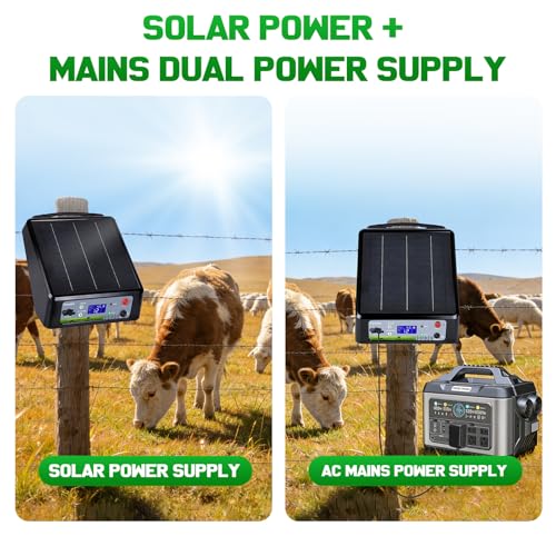 20 Miles Solar Electric Fence Charger, Adjustable 6/8/10/12KV & 0.3J-2J Pulse Energy, AC & Solar Power Electric Fence Charger for Garden Farm Pasture Livestock Predator Protection