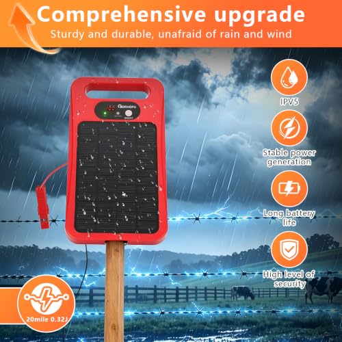 0.32J Solar Electric Fence Charger with Panel for Livestock, 20-Mile Red - color: Red