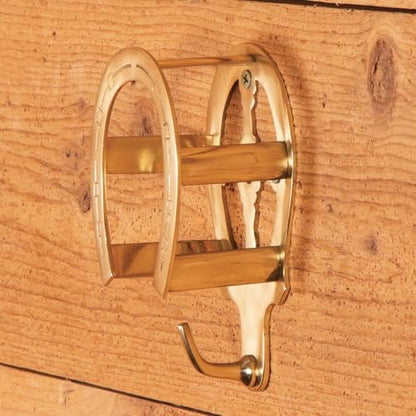 EASY-UP Berlin Brass Double Horseshoe Bridle Rack for Horses | Solid Brass Wall Mount | Elegant Arched Top for Halters & Bridles | Hook for Leads & Girths