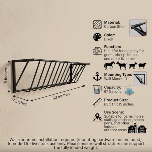 Wall Hay Rack for Goats, Horse Hay Feeder - Carbon Steel Barn Mount with Hardware