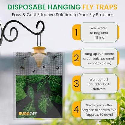 BUGGOFF - 4 Pack Outdoor use only, Disposabe Hanging Fly Traps with Natural Pre-Bait, Catches Flyes everywhere anywhere, Stables, Ranches, Cottages and More. Discrete design, Easy fill and hang setup!