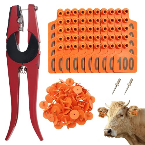 100 PCS Cattle Ear Tags Numbered 001-100 with Pliers for Goats Sheep Pigs - color: Orange