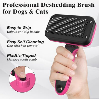2PCS Self Cleaning Slicker Brush & Dog Comb - Skin Friendly Deshedding Grooming Tool for Dogs, Cats and Small Animals, Professional Deshedding Dematting Tool for Long and Short Haired Pets (Red) - color: Red