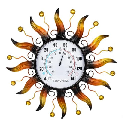 VEWOGARDEN 13.5 Inch Metal Sun Outdoor Thermometer Waterproof Decorative Wall Indoor Outdoor Thermometer for Patio, Garden & Home Decor - style: Sun(yellow)