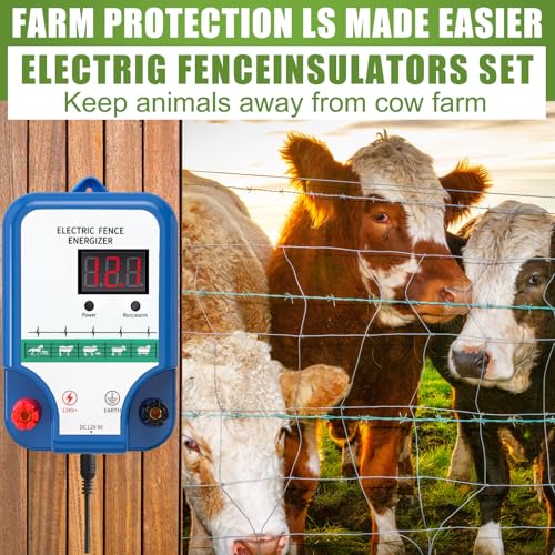 MorningRo Electric Fence Kit, 8 Mile 12kV 2J Electric Fence Charger AC/DC Powered with 50 Insulators, Socket Tool, 250ft Aluminum Wire for Livestock Control(LCD Display Ver.,Blue) - style: LCD Display Ver