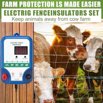 MorningRo Electric Fence Kit, 8 Mile 12kV 2J Electric Fence Charger AC/DC Powered with 50 Insulators, Socket Tool, 250ft Aluminum Wire for Livestock Control(LCD Display Ver.,Blue) - style: LCD Display Ver
