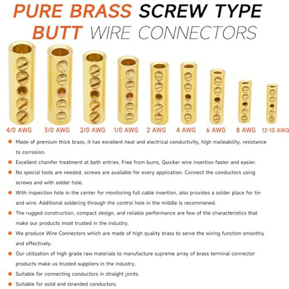 0000 Gauge Wire Butt Connectors 4 PCS Brass Mechanical Butt Splice Connectors Kit 4/0 AWG Mechanical Repair Splice Kit Splice Screw Sleeves 4 PCS Mechanical Splices & 3:1 Heat Shrink Tubes - size: 0000 (4/0) Gauge, style: Mechanical Splice - Bare Pure Bra