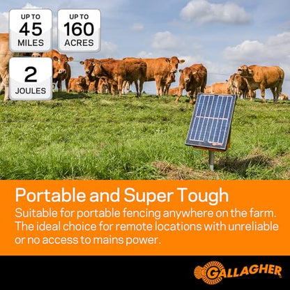 Gallagher S200 Solar Electric Fence Charger | 2.0 Joule Solar Powered Fence Energizer | Two Power Modes for Wildlife Deterrence and Livestock Containment | Solar Batteries and Leadsets Included