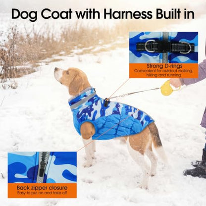 Lelepet Dog Winter Coat with Harness, Waterproof Reflective Camo Jacket - color: Blue Camo, size: X-Small