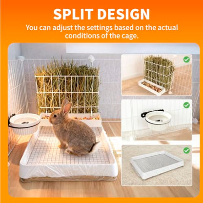BESNEW 3 in 1 Rabbit Hay Feeder with Litter Box,Upgraded Metal Hay Rack & Litter Tray & Water Bowl,Quick Cleaning,Easy to Install,Bunny Supplies for Rabbit Guinea Pig Chinchilla Small Animals - color: White, size: 10in set