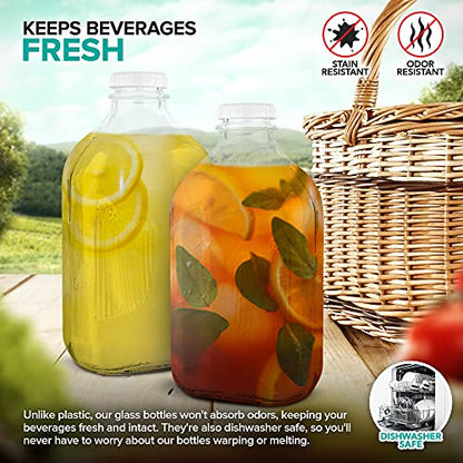 Stock Your Home Half Gallon Glass Milk Bottle with Lid (3 Pack) 64 Oz Jugs and 6 White Caps, Reusable Food Grade Milk Container for Refrigerator, Bottles for Juice, Oat or Plant Milks, Water, Honey - size: 64 oz