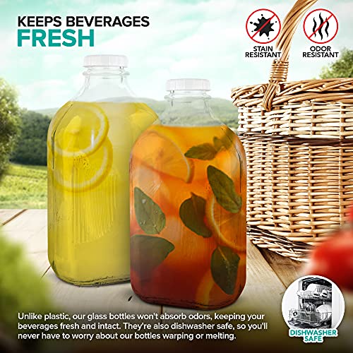 Stock Your Home Half Gallon Glass Bottle with Lid (1 Pack) 64 Oz Jugs and 3 White Caps, Reusable Food Grade Container for Refrigerator, Bottles for Juice, Oat or Plant Milks, Water, Honey - size: 64oz, style: 1 Pack