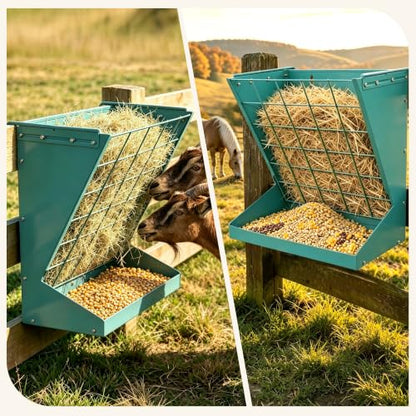 2 in 1 Wall Mount Hay and Grain Feeder, 25 Gallons Livestock Feeder | Galvanized Steel Wall Hay Rack, Hanging Hay Feeder with Mounting Kit for Goats Sheep Horse, Slow Feeder for Goats with Trough