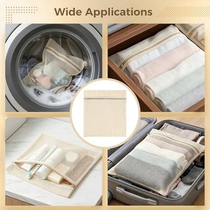 4 PCS Cotton Mesh Laundry Bags, Delicate Wash Bags with Hidden Zipper Protector, Reusable Breathable Laundry Net for Underwear Socks Pants Clothes, Travel Storage Pouches