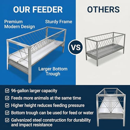 Goat Feeder, 96 Gallon Hay Feeder Goat with Detachable Grain Pan, Heavy Duty Stainless Steel Goat Hay Feeder, Suitable for Goats, Sheep, Horses, Easy Assembly in Farm, Silver Finish