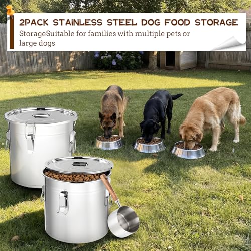 Lounsweer 2 Pack 5.5 Gal Stainless Steel Dog Food Storage Container with Lid and Locking Clamp 21 L Metal Airtight Container Large Stainless Steel Bucket with Food Scoop for Pet Feed - size: 21 L