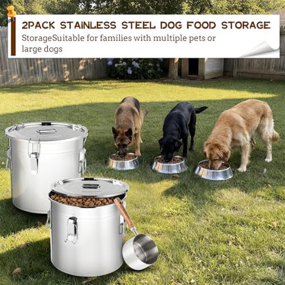 Lounsweer 2 Pack 5.5 Gal Stainless Steel Dog Food Storage Container with Lid and Locking Clamp 21 L Metal Airtight Container Large Stainless Steel Bucket with Food Scoop for Pet Feed - size: 21 L